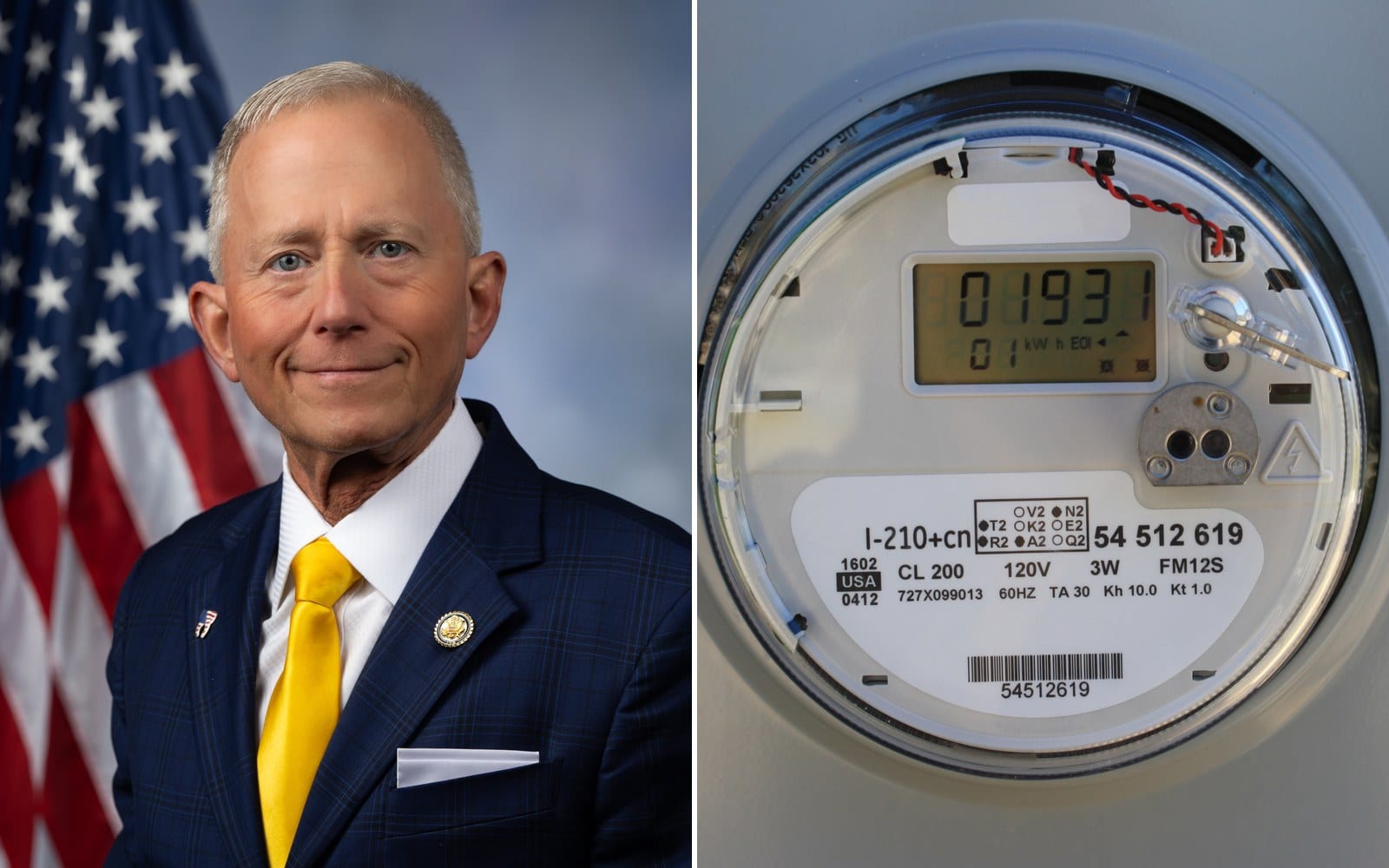 Official portrait of U.S. Rep. Jefferson Van Drew beside a close-up of a digital residential electric meter