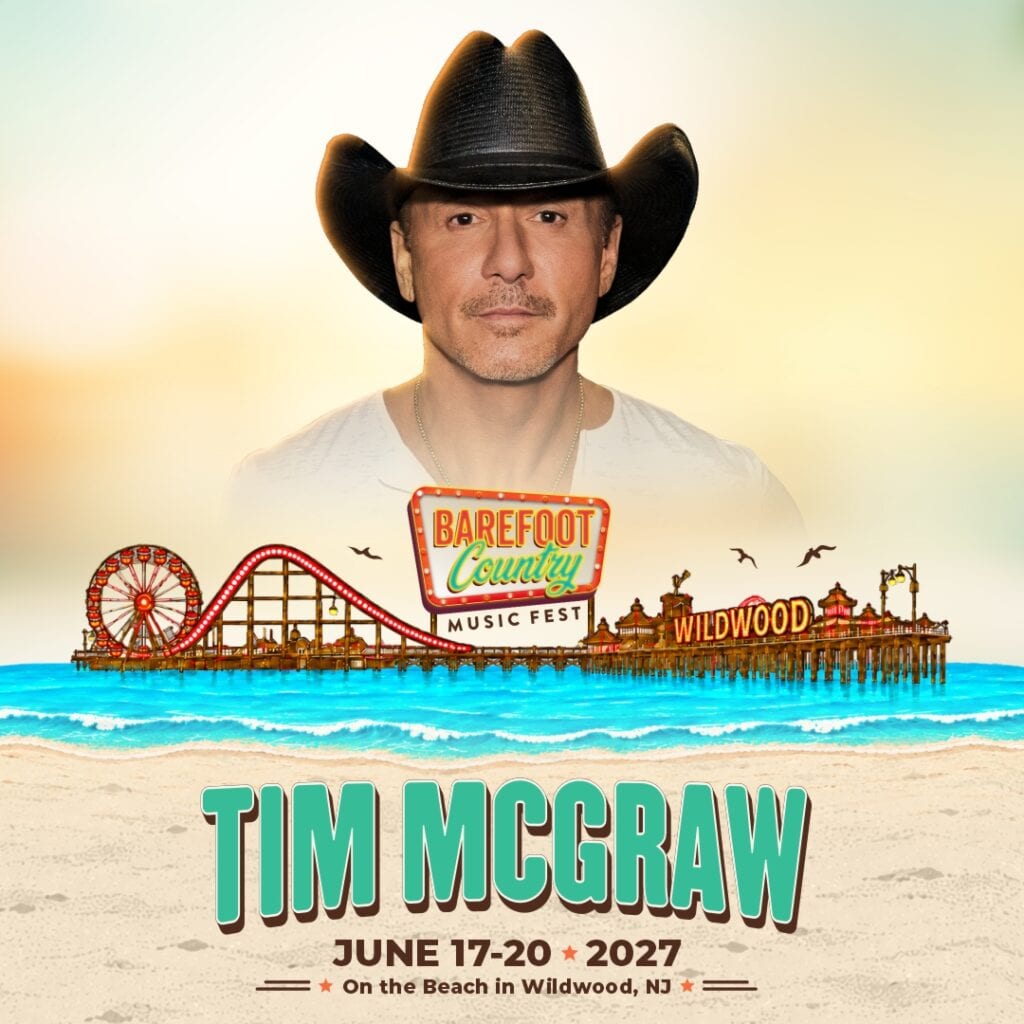 Barefoot Country Music Fest poster announcing Tim McGraw for June 17-20, 2027, on the beach in Wildwood